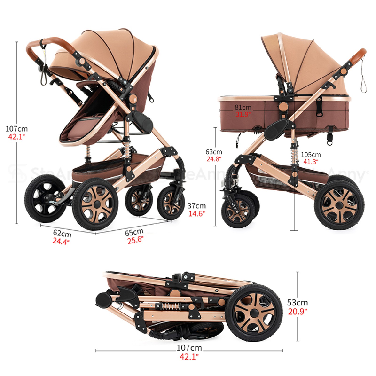 Steanny 5IN1 Baby Stroller Travel System Pram With Car Seat and Base